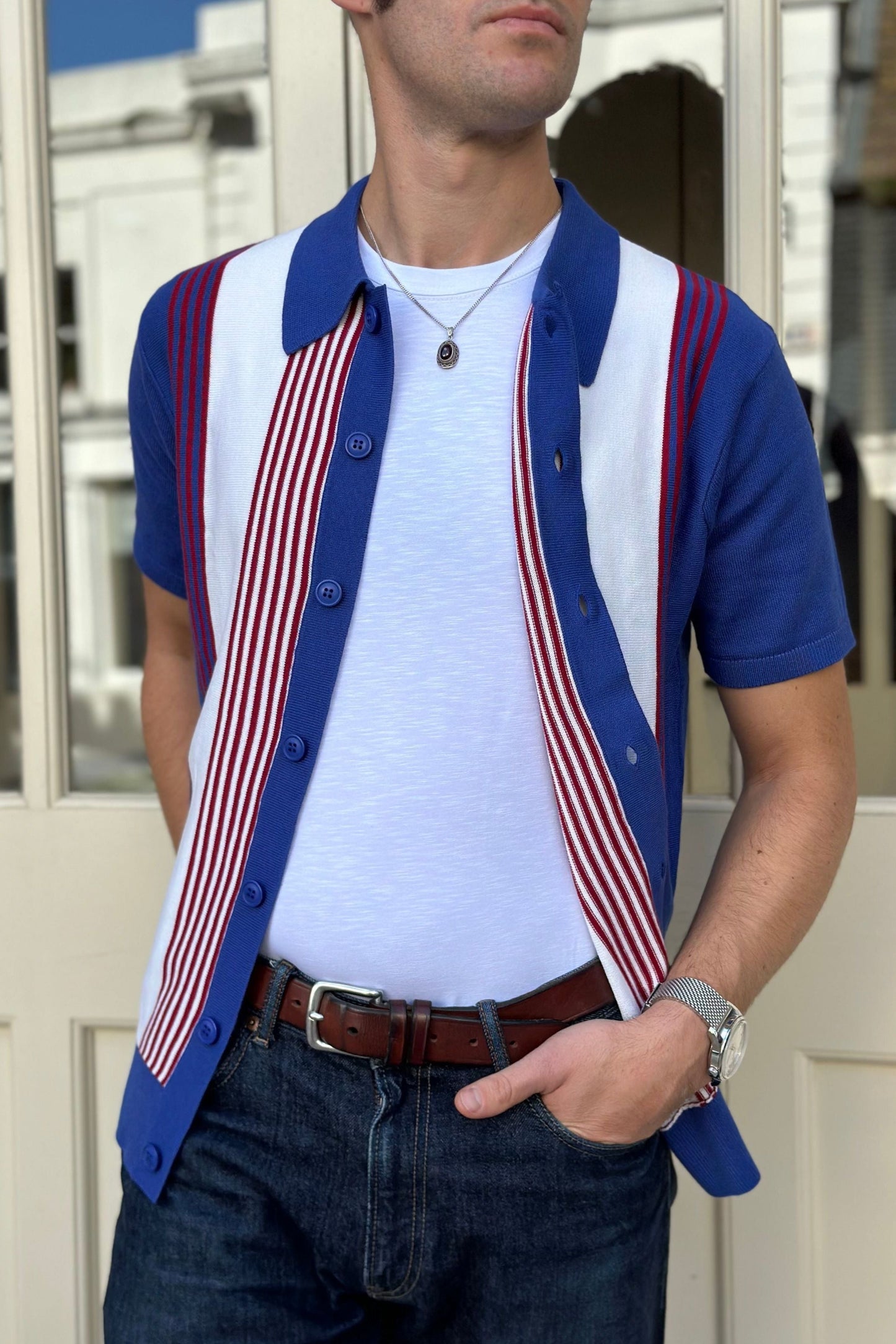 'Paulie' Stripe Button Through Pacific - Knit