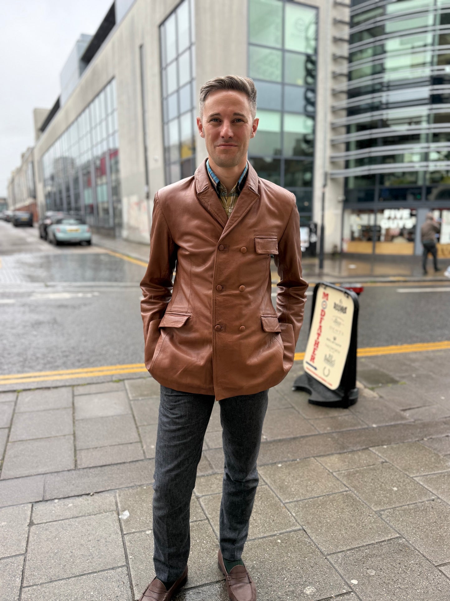 Men's Double Breasted Tan - Leather Jacket