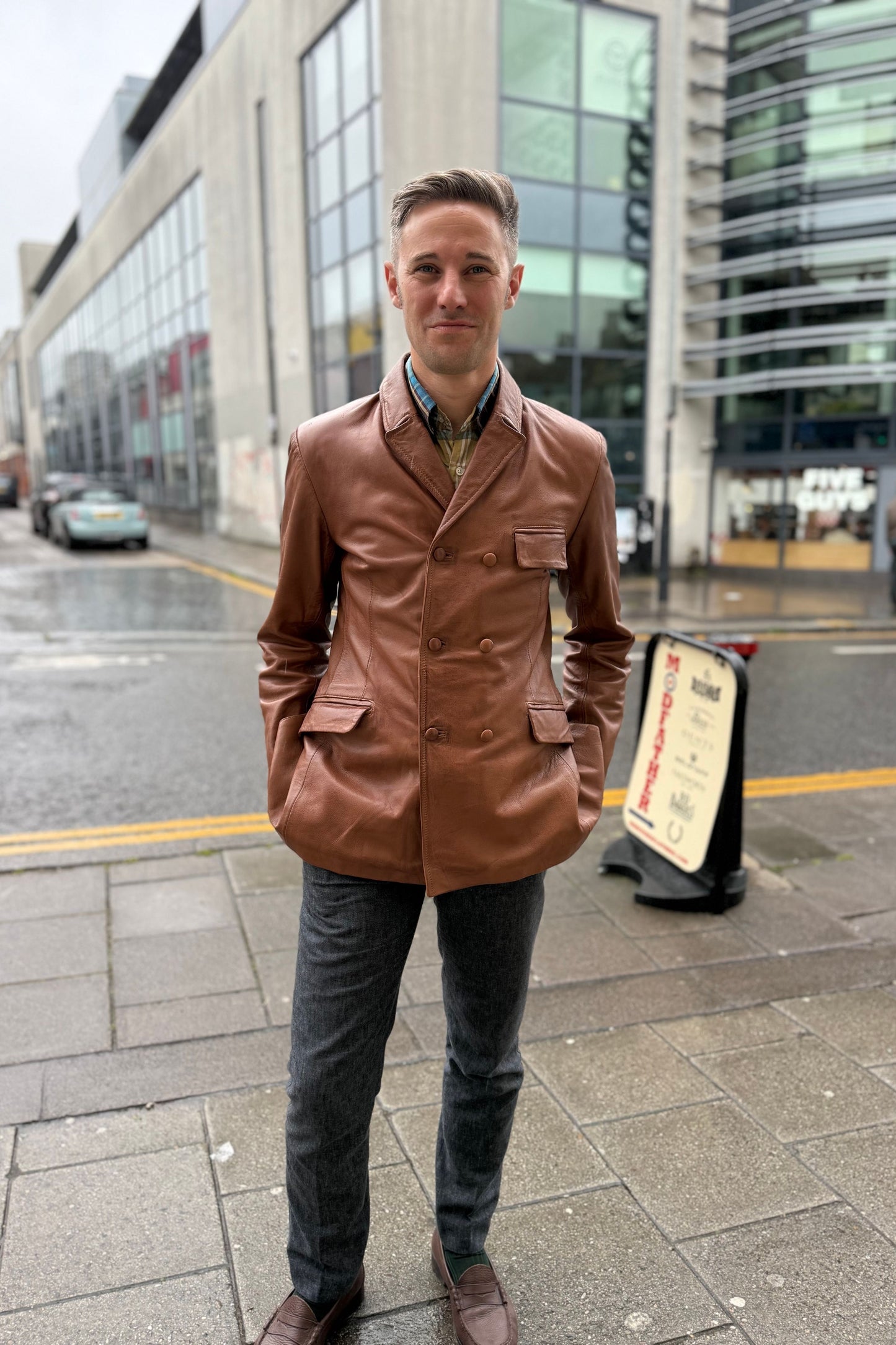 Men's Double Breasted Aged Tan - Leather Jacket