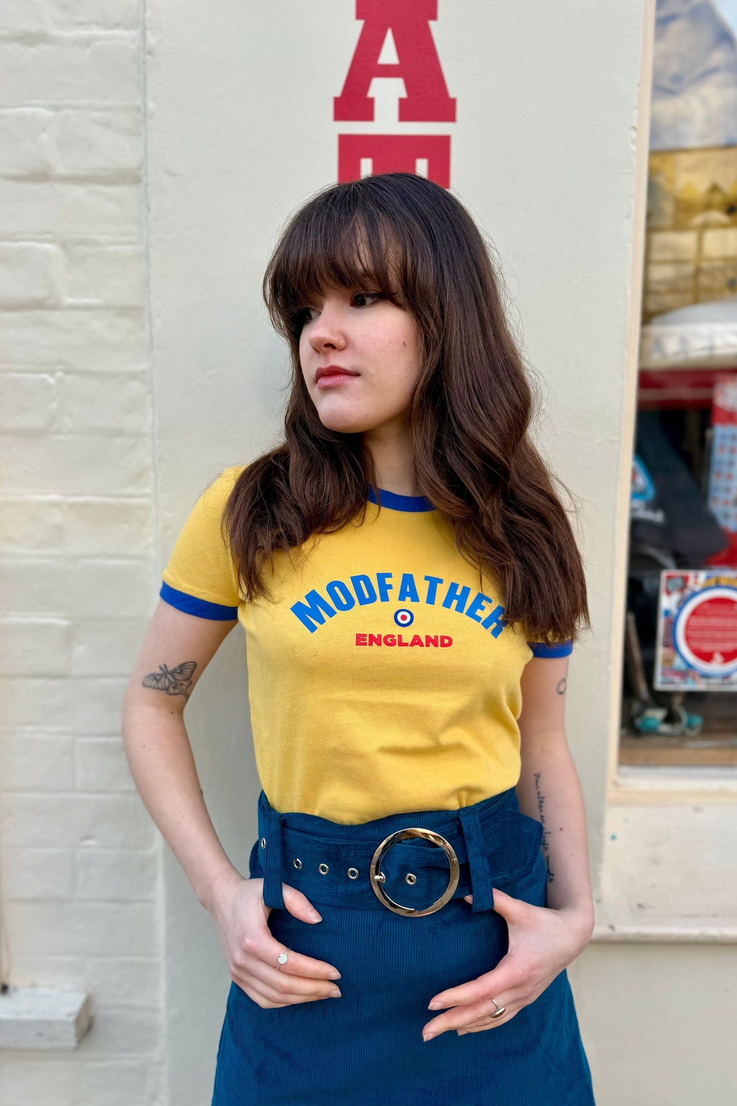 Women's Logo Script Mustard and Royal Blue - T-Shirt