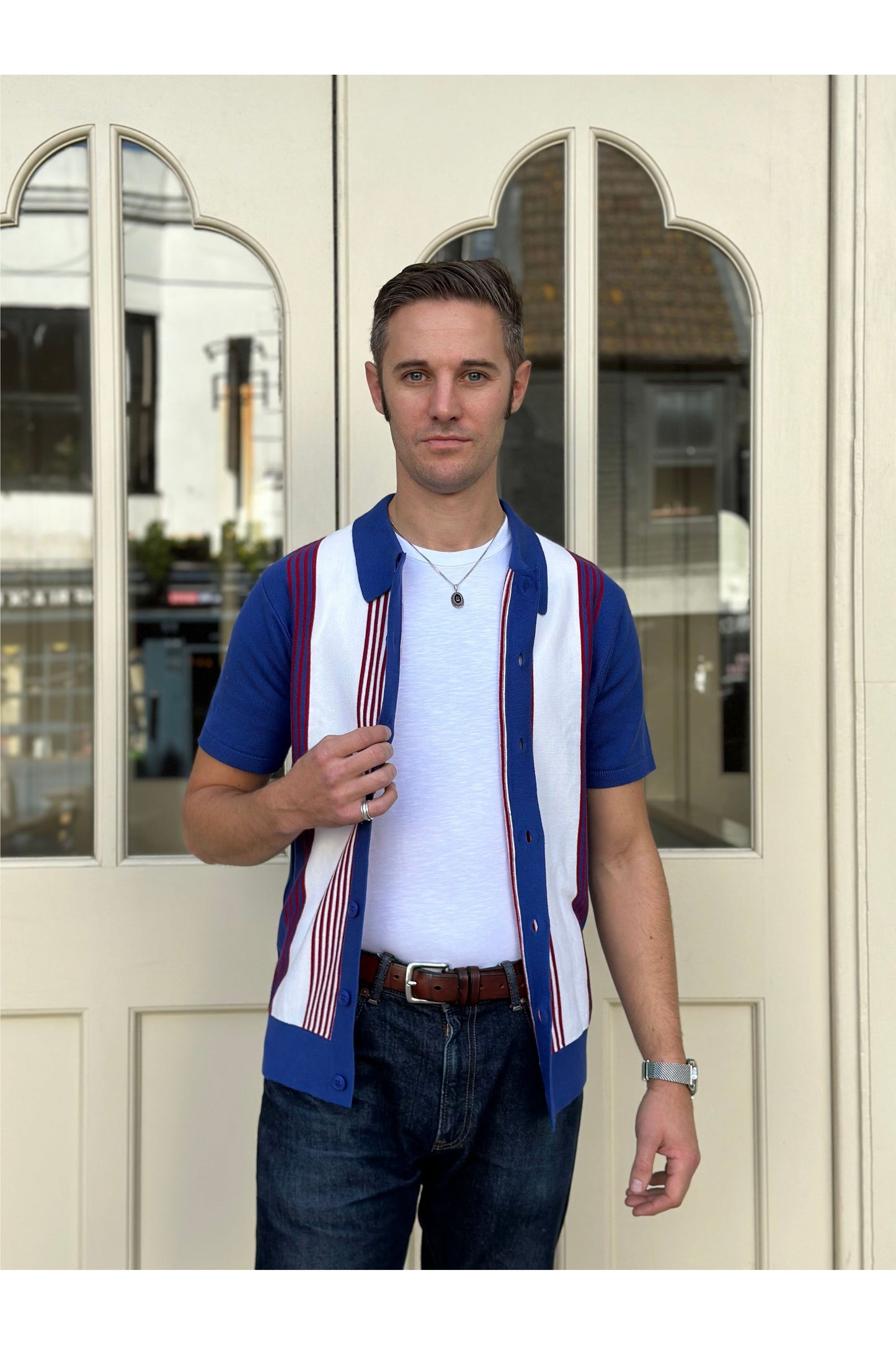 'Paulie' Stripe Button Through Pacific - Knit