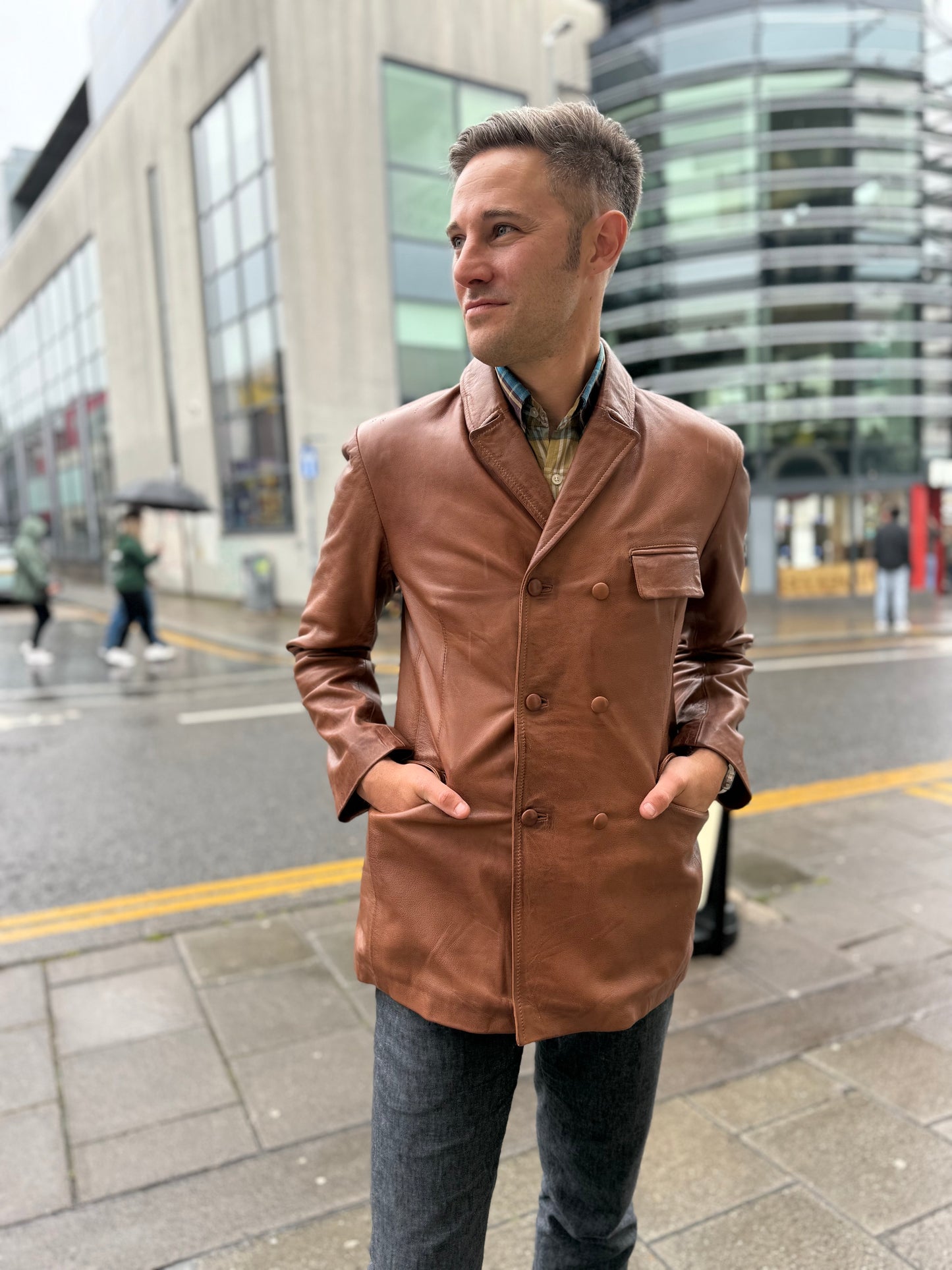 Men's Double Breasted Tan - Leather Jacket