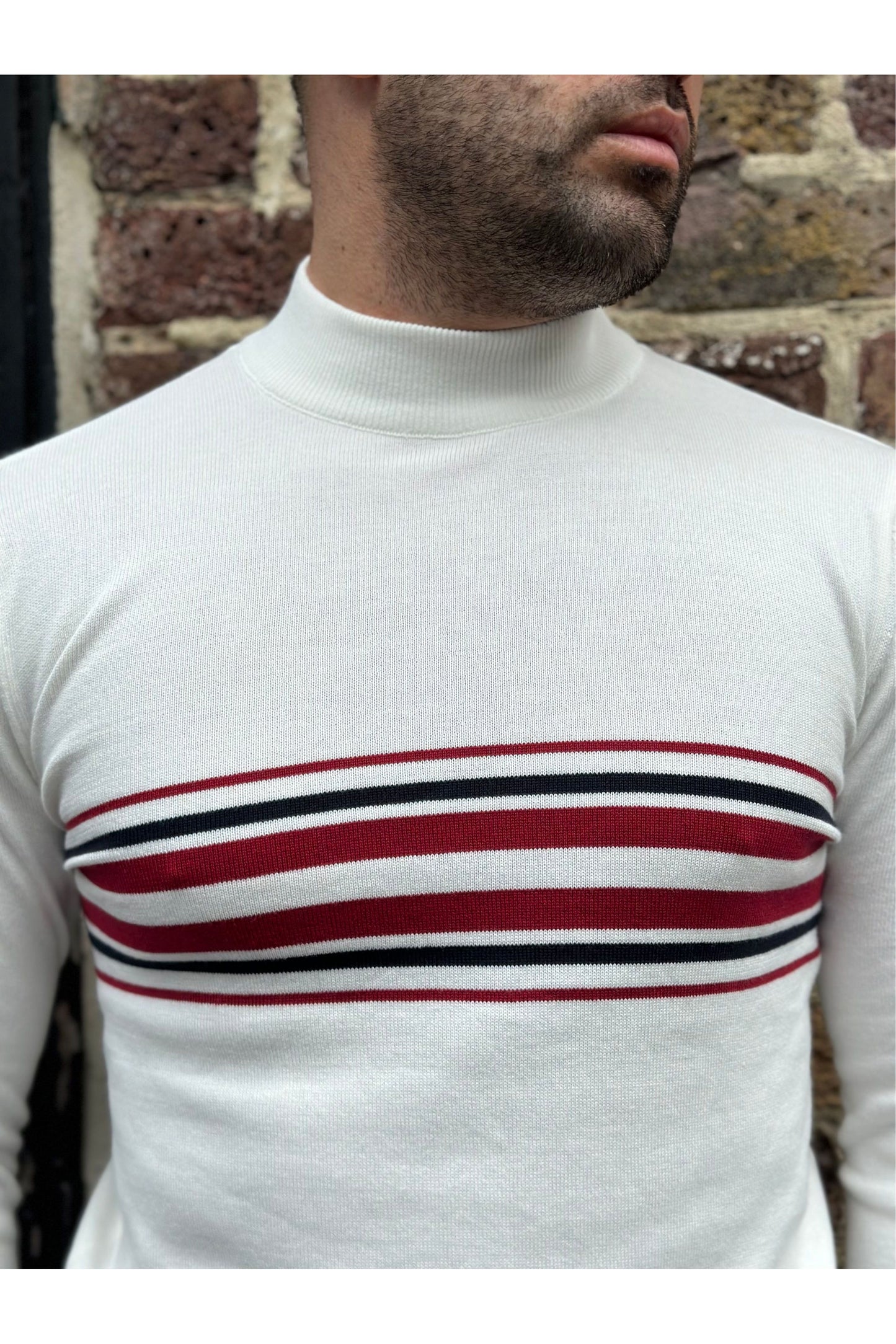 Knebworth Border Stripe Ecru - Turtle Neck