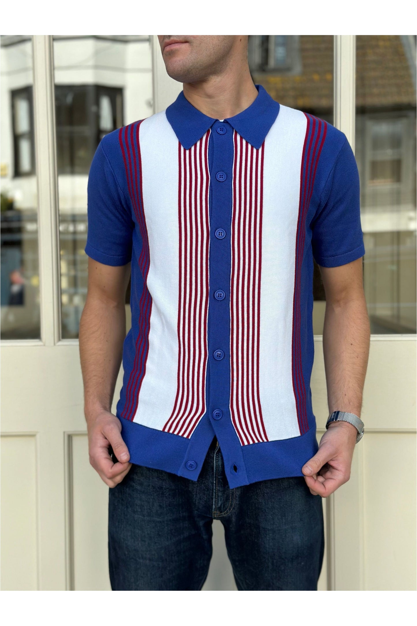 'Paulie' Stripe Button Through Pacific - Knit