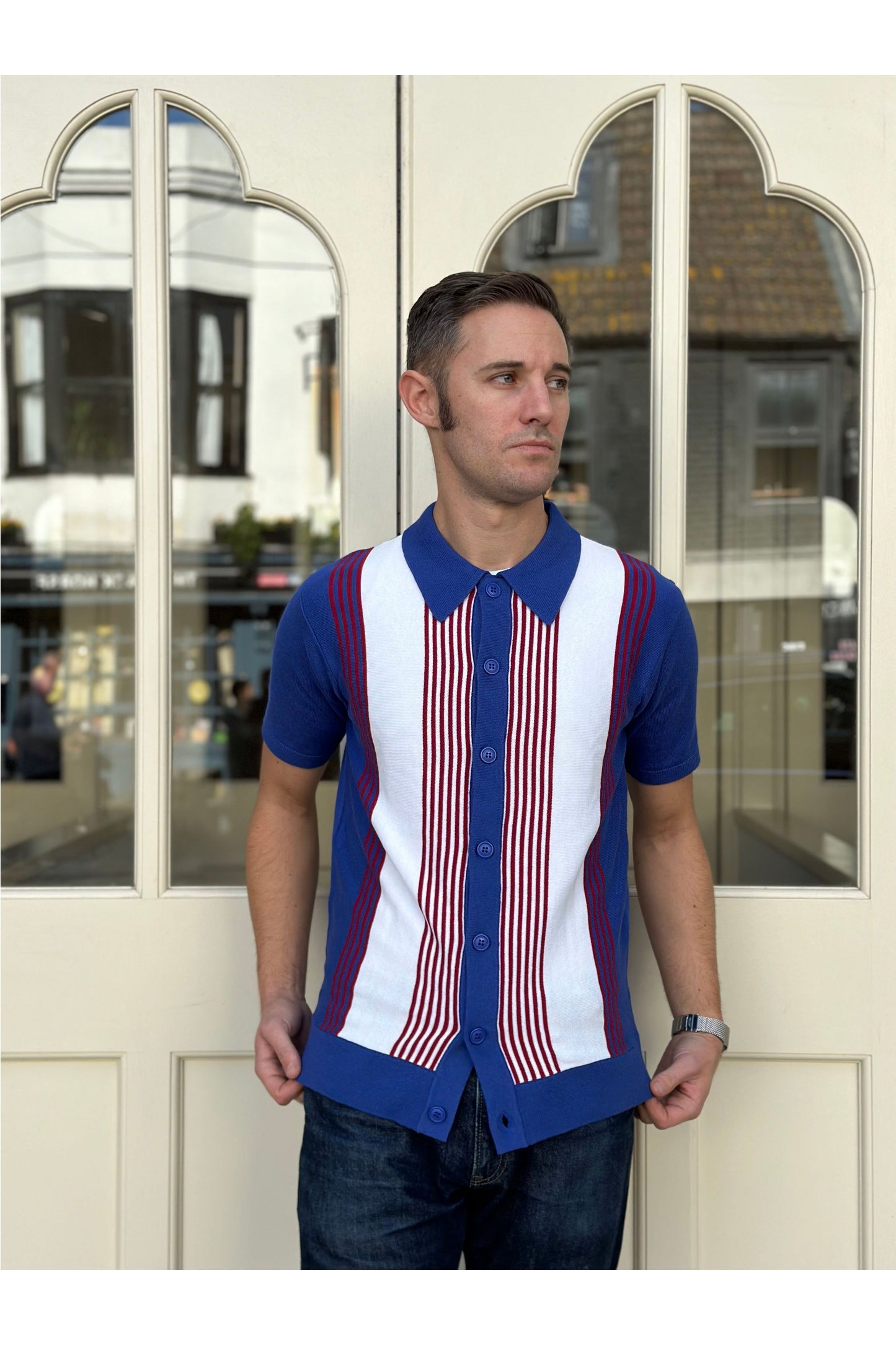 'Paulie' Stripe Button Through Pacific - Knit