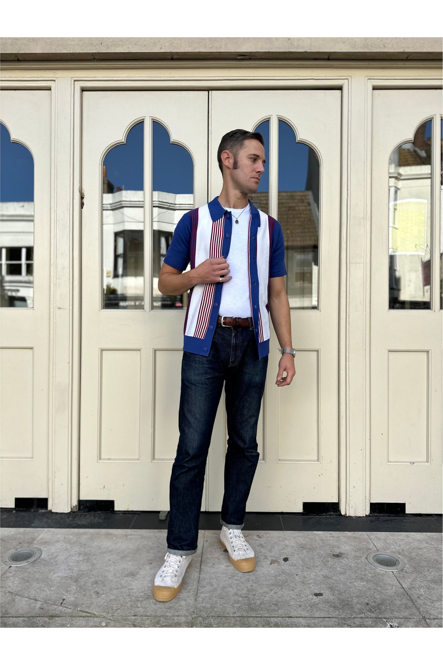 'Paulie' Stripe Button Through Pacific - Knit