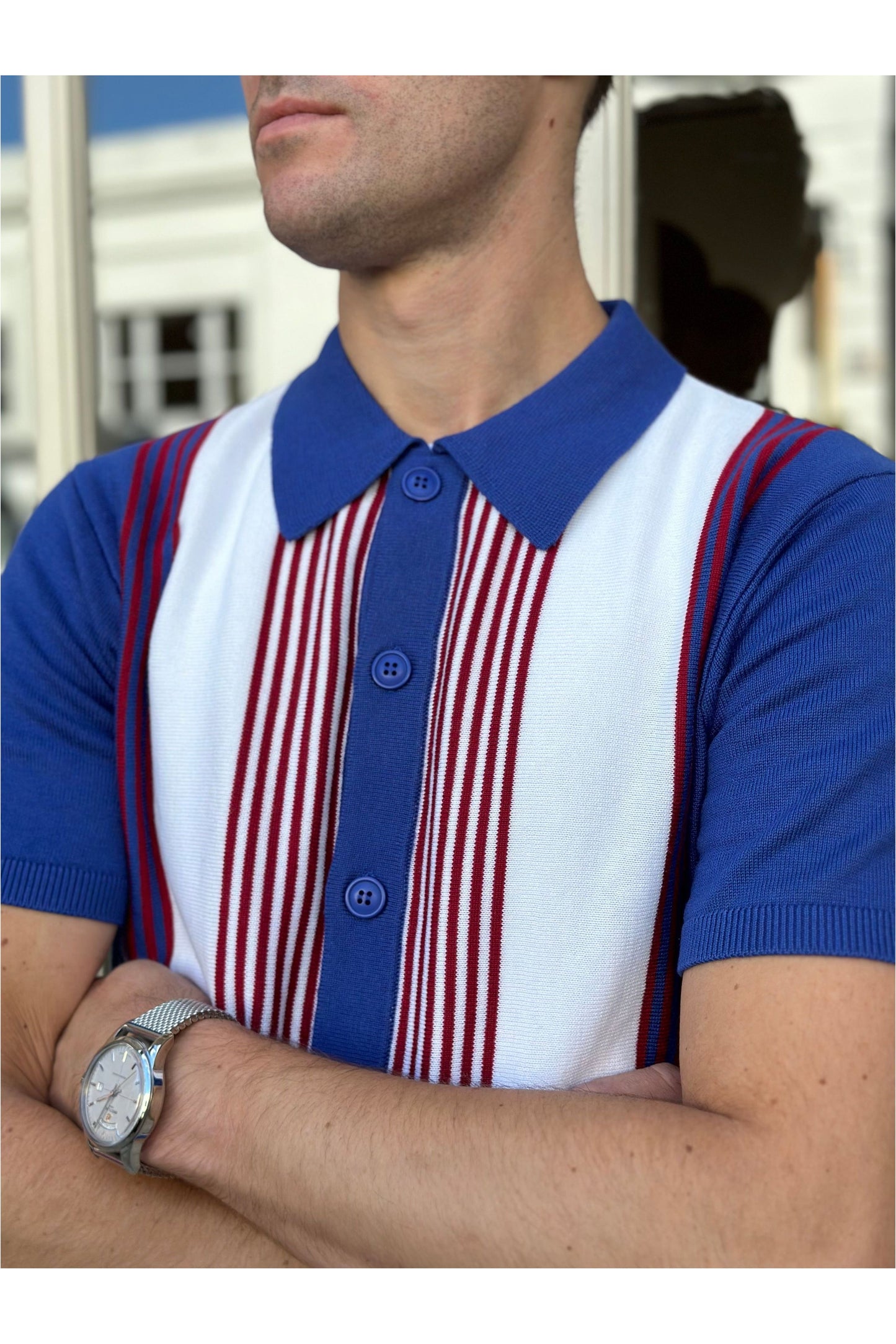 'Paulie' Stripe Button Through Pacific - Knit