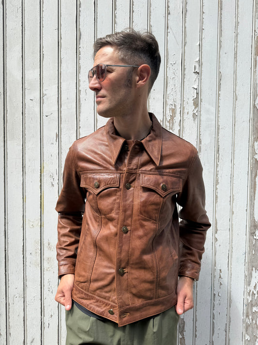 Men’s Leather Aged Tan - Trucker Jacket