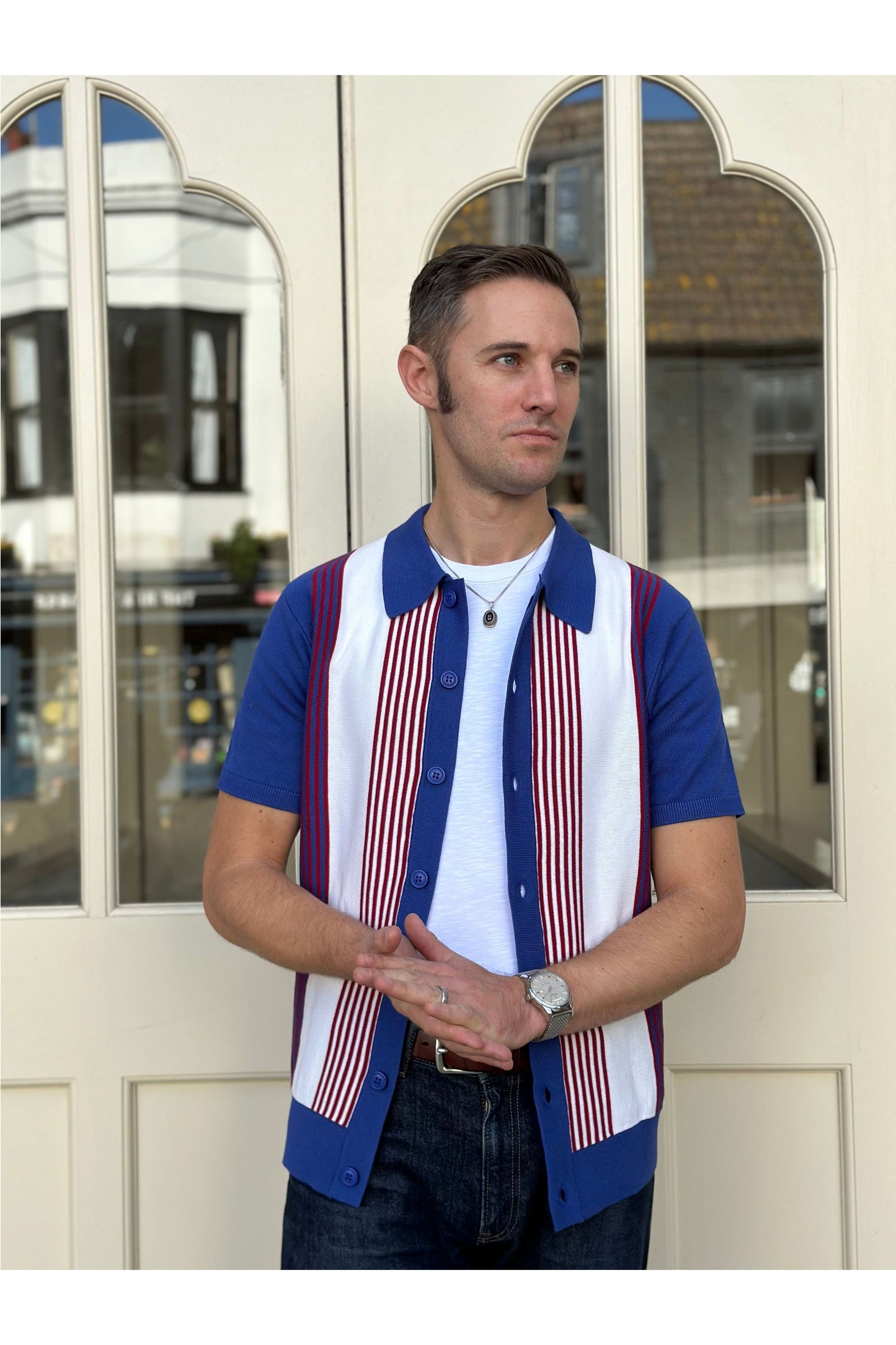 'Paulie' Stripe Button Through Pacific - Knit