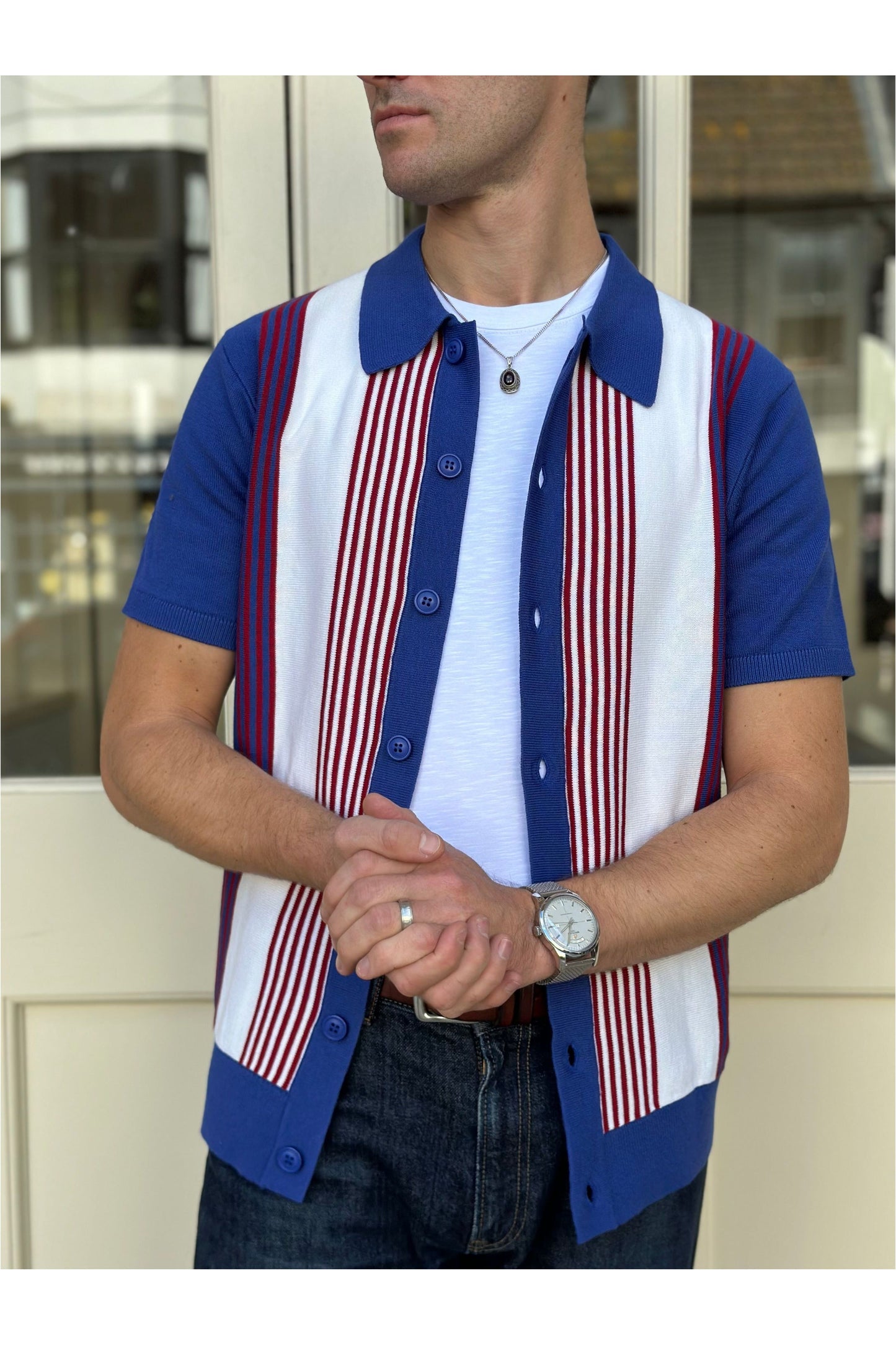 'Paulie' Stripe Button Through Pacific - Knit