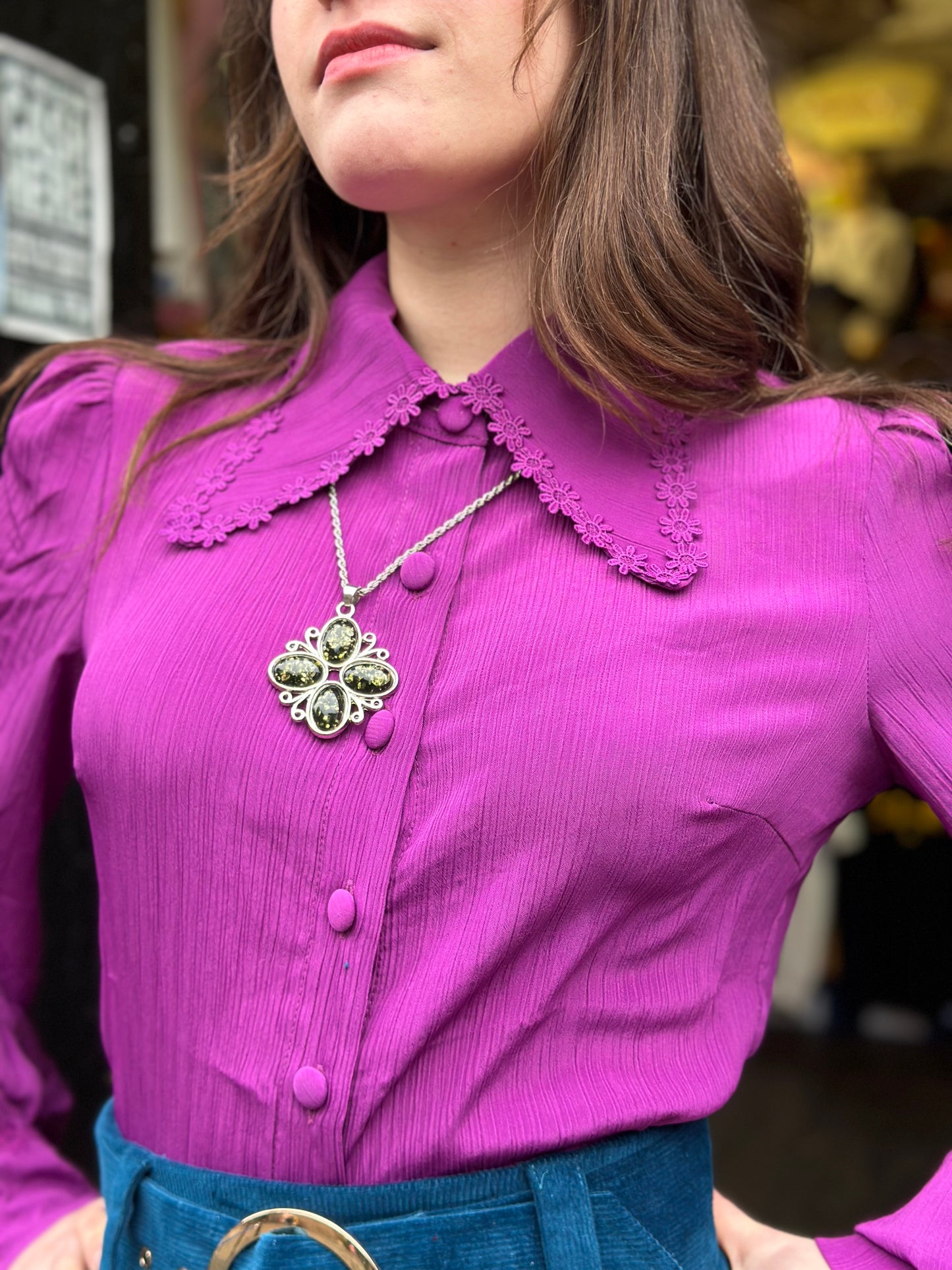 Exclusive 'Marianne' Purple Flower Tipped Collar -Blouse