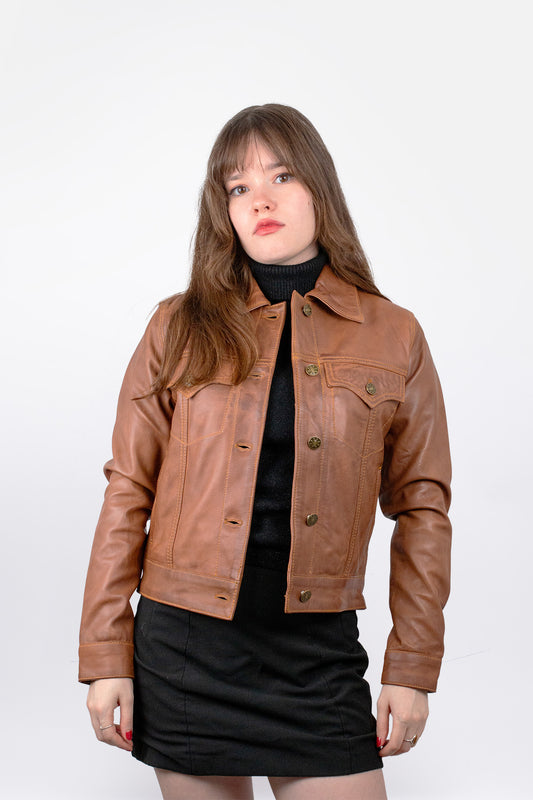 Women's Leather Aged Tan - Trucker Jacket