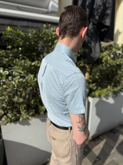 Frazer Aqua Blue Gingham Seersucker S/S - Shirt
