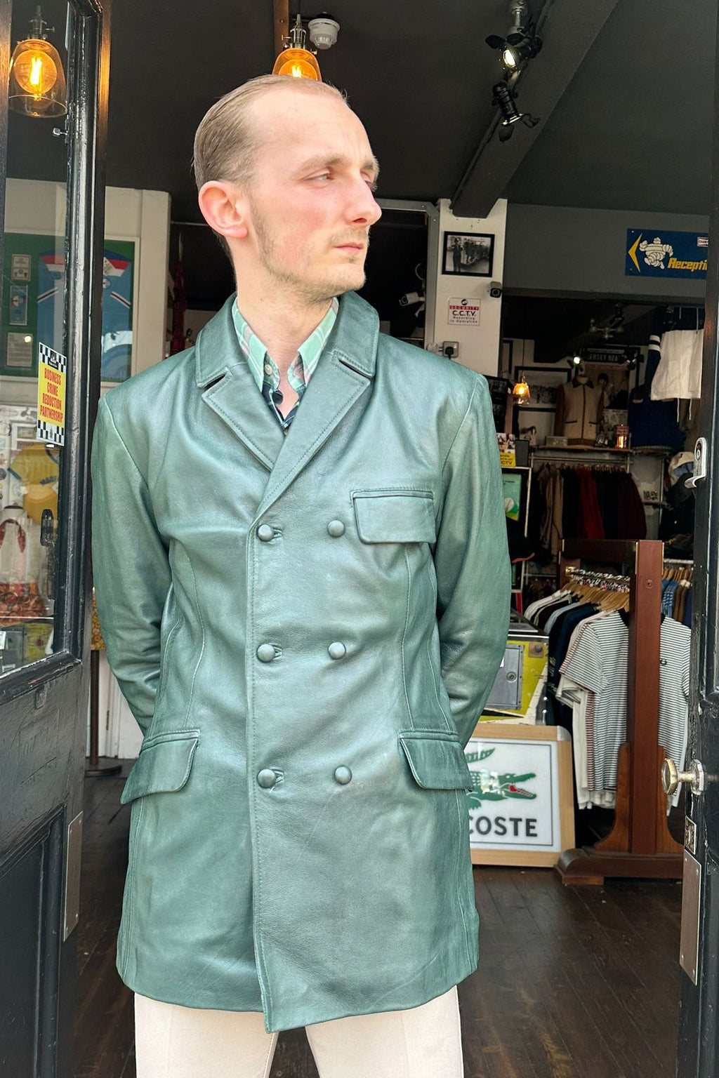 Men's Double Breasted Bottle Green - Leather Jacket