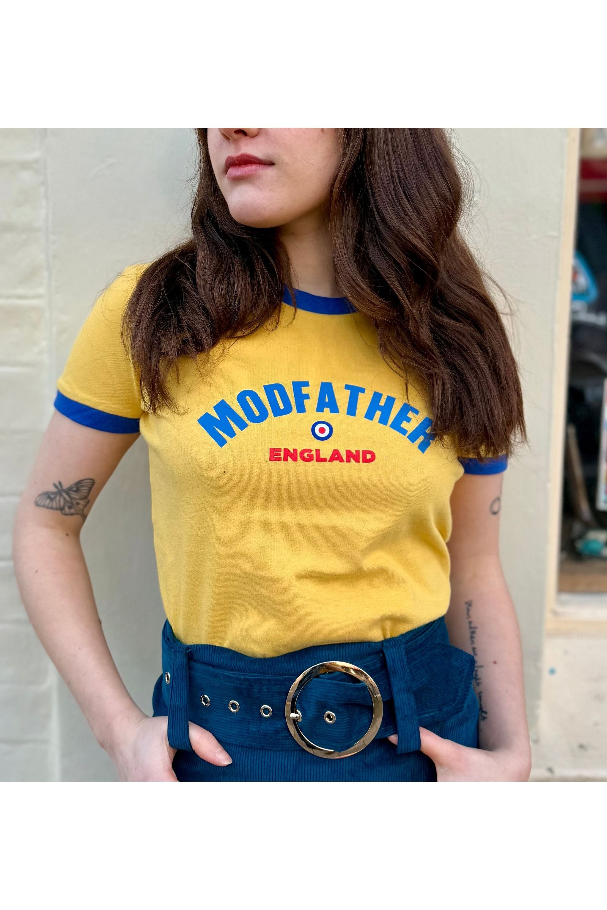 Women's Logo Script Mustard and Royal Blue - T-Shirt