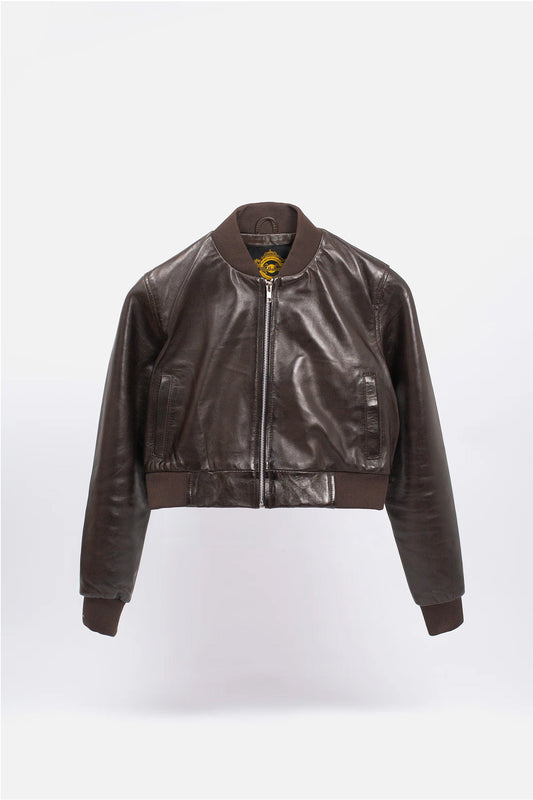 Women's Chocolate Cropped Leather Bomber - Jacket